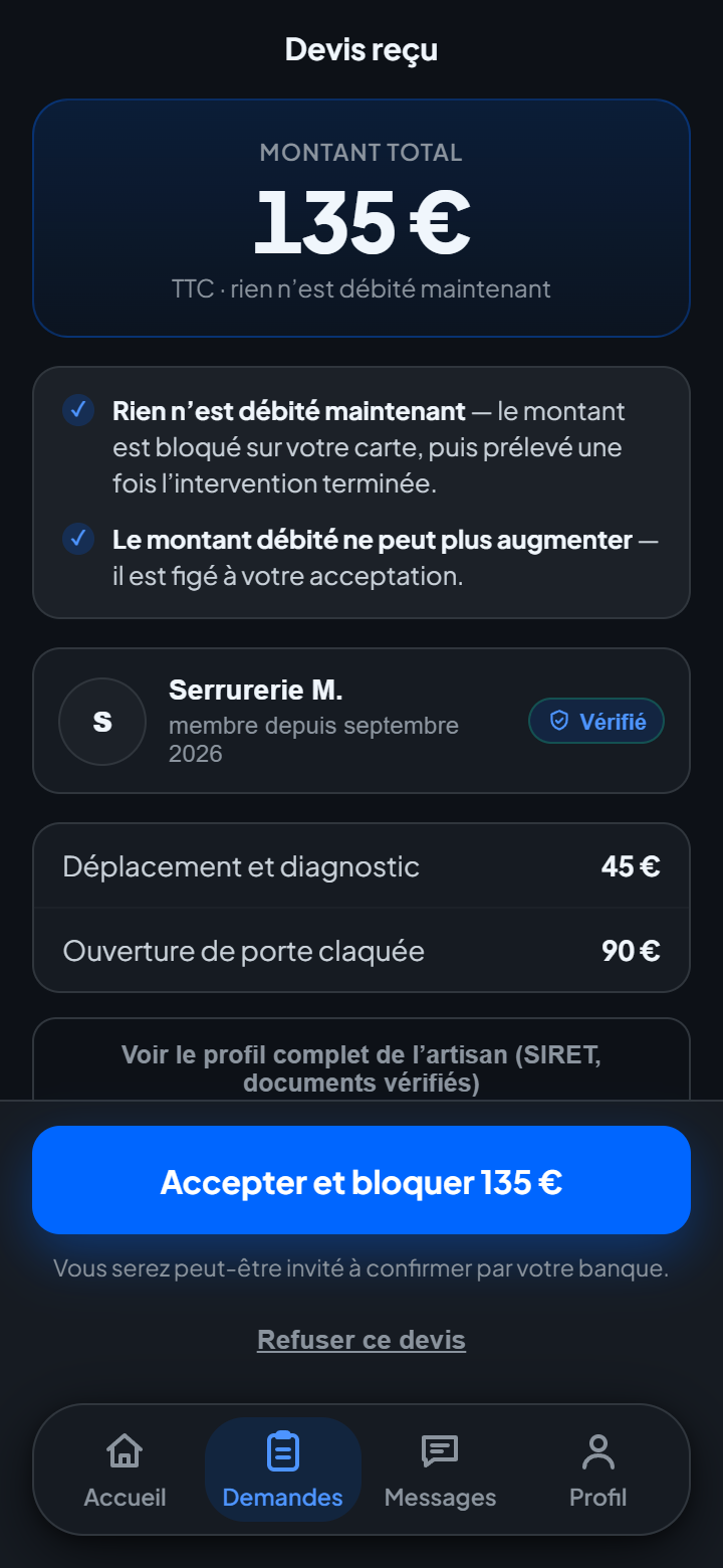 Le devis reçu dans l'application OBTP : montant total, mention « rien n'est débité maintenant », détail des lignes et bouton d'acceptation.